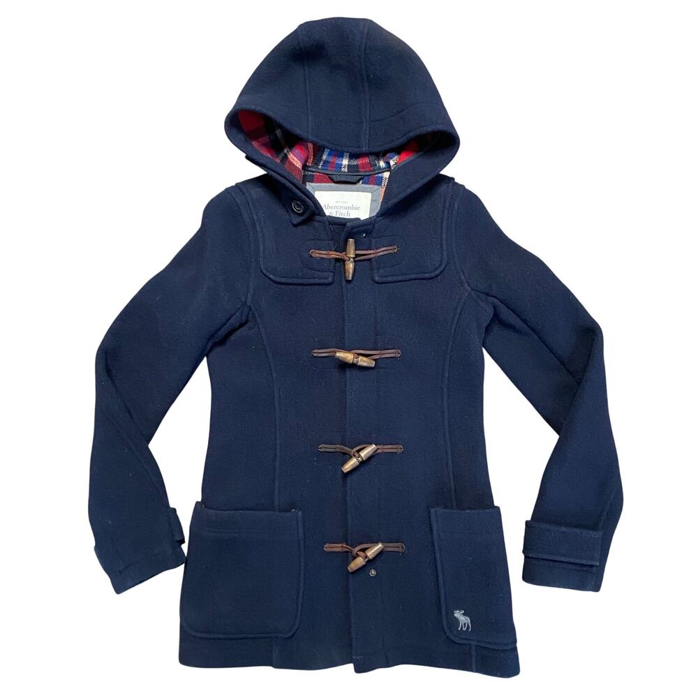 Ambercrombie & Finch Duffle Coat Sz S Navy Wool Plaid Lining Toggle Closure